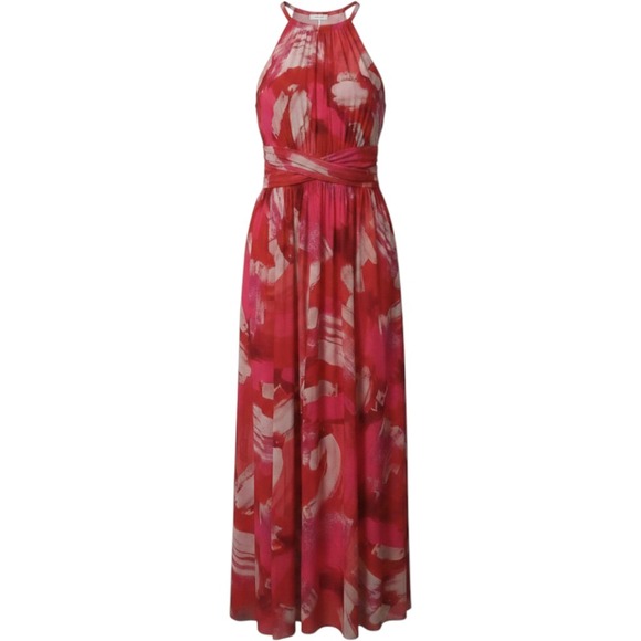 London Times Dresses & Skirts - London Times Red Pink Abstract Print Halter Maxi RuchedWedding CruiseBoho Size10
